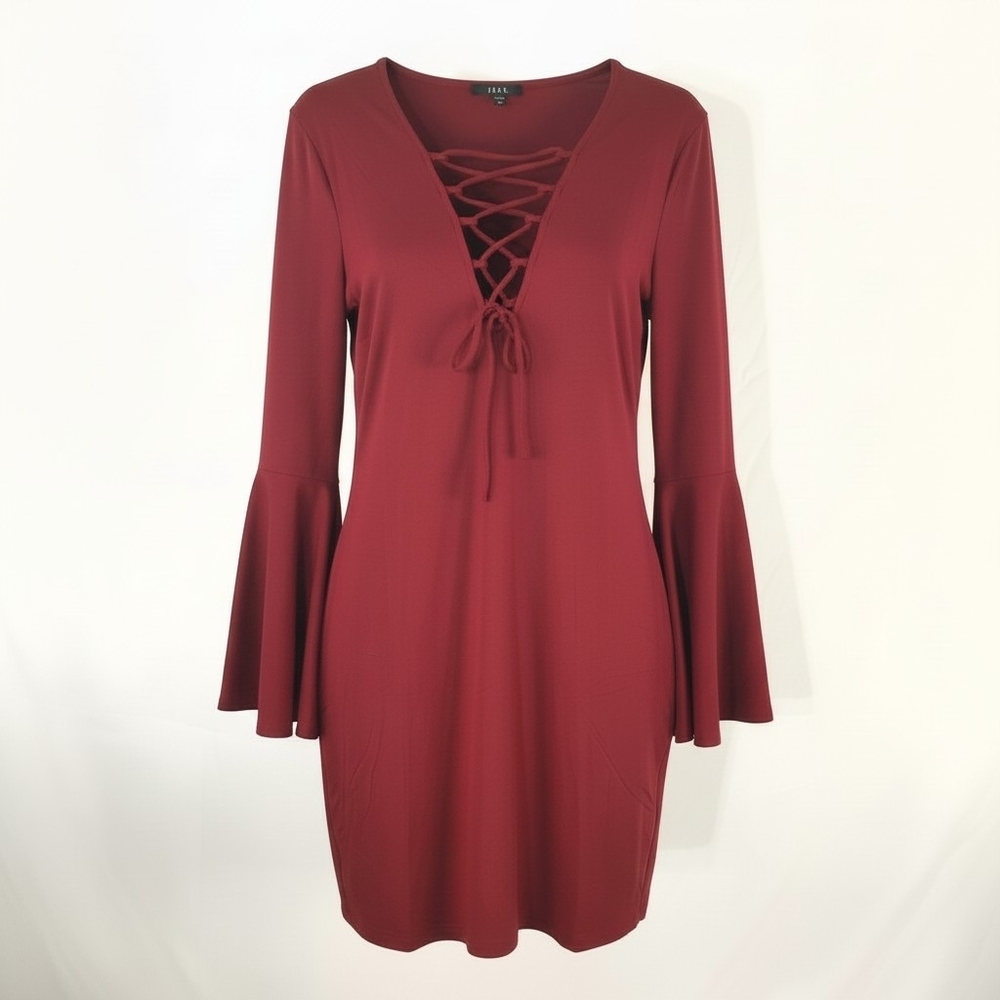 IRIS Lace Up Dress Plus Size 2X Burgundy Bell Sleeve Stretch Bodycon